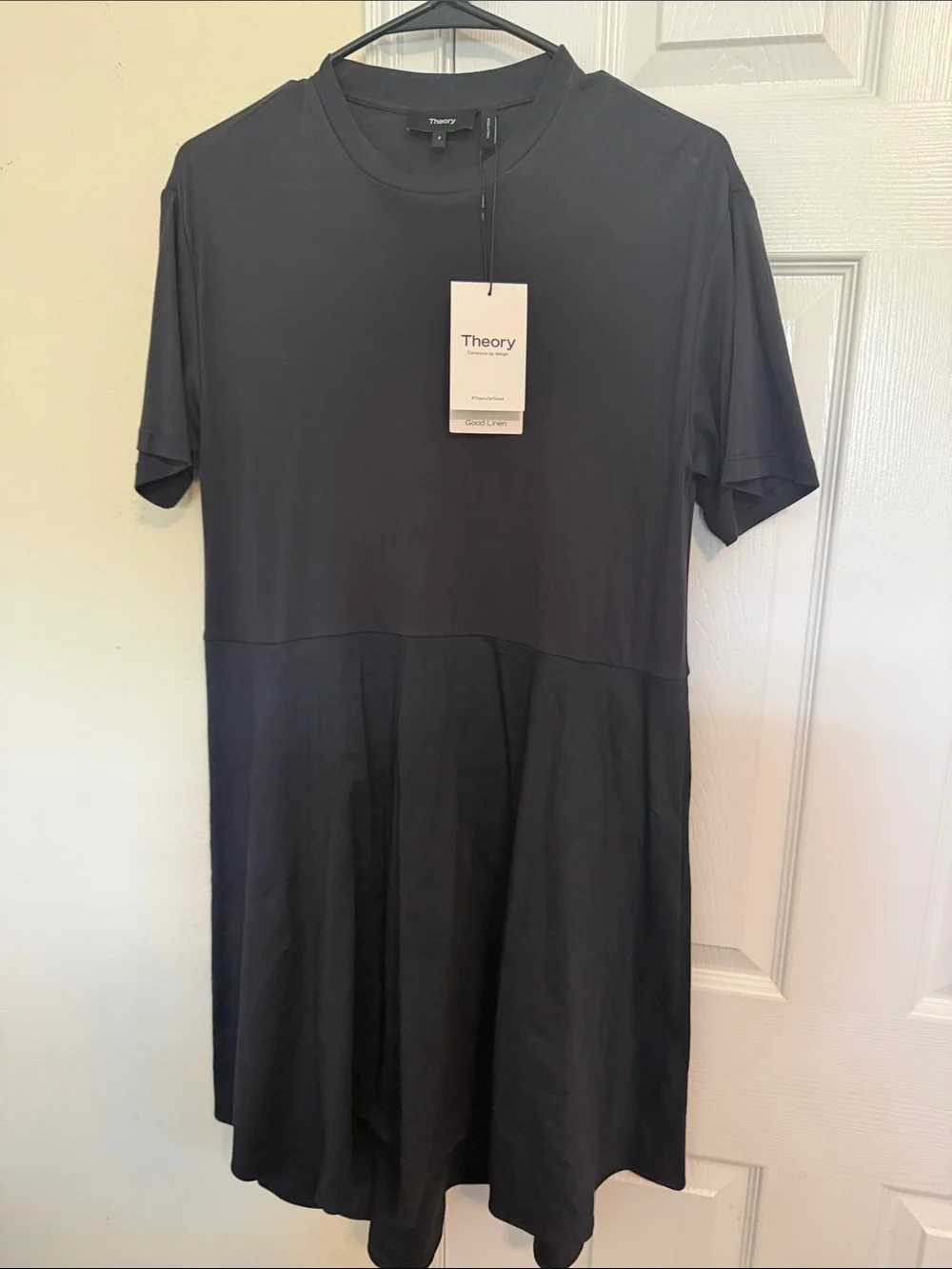 Theory Black Short-Sleeve Drop-Waist Mini Dress